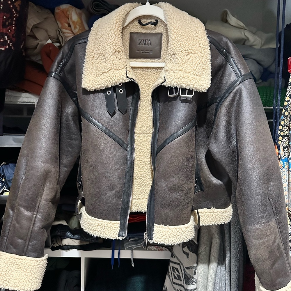 Zara Women’s Dark Brown Bomber Jacket with Cream Accents Size Large